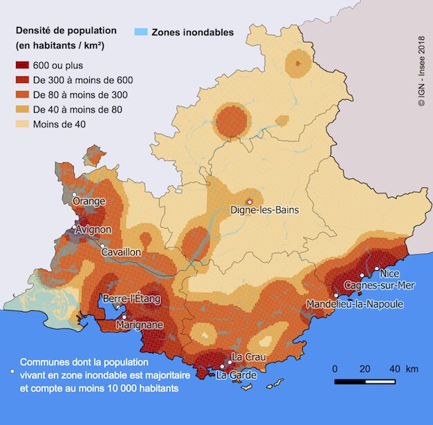 Superposition des zones inondables avec la densité de population en 2016