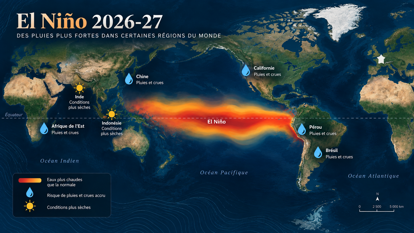 Carte des régions du monde où El Niño 2026-27 modifie les pluies et le risque de crue